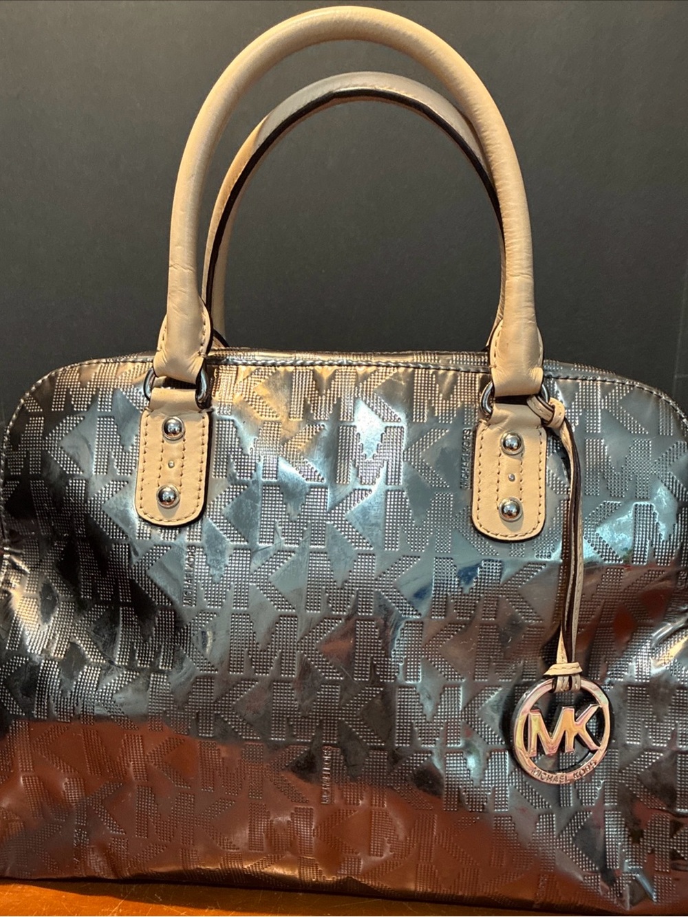 Michael Kors Black Monogram Satchel with Tan Handles and MK Charm